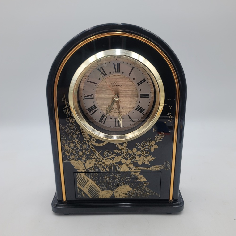 Vintage Grace Quartz Mantel Clock Black Gold Floral Arched Table Clock Japan